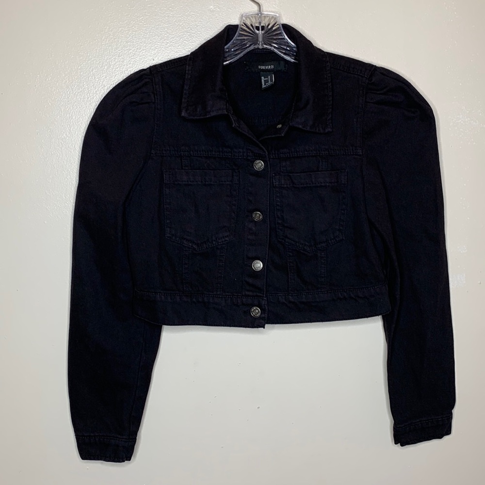 FOREVER 21 Jean Jacket Black Cropped Puff Sleeves Button Front Trendy Small